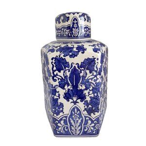 Vintage Hexagon Chinoiserie Ginger Jar Blue & White 12.5"H x 9"W Flower Design